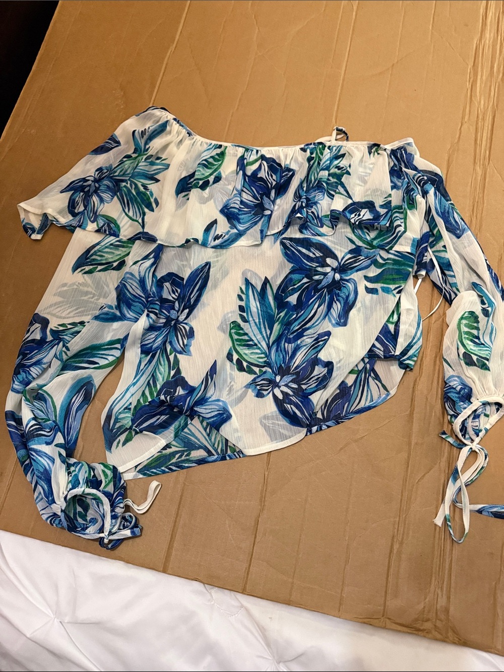 Lush White Off-Shoulder Blouse with Blue & Green Floral Print